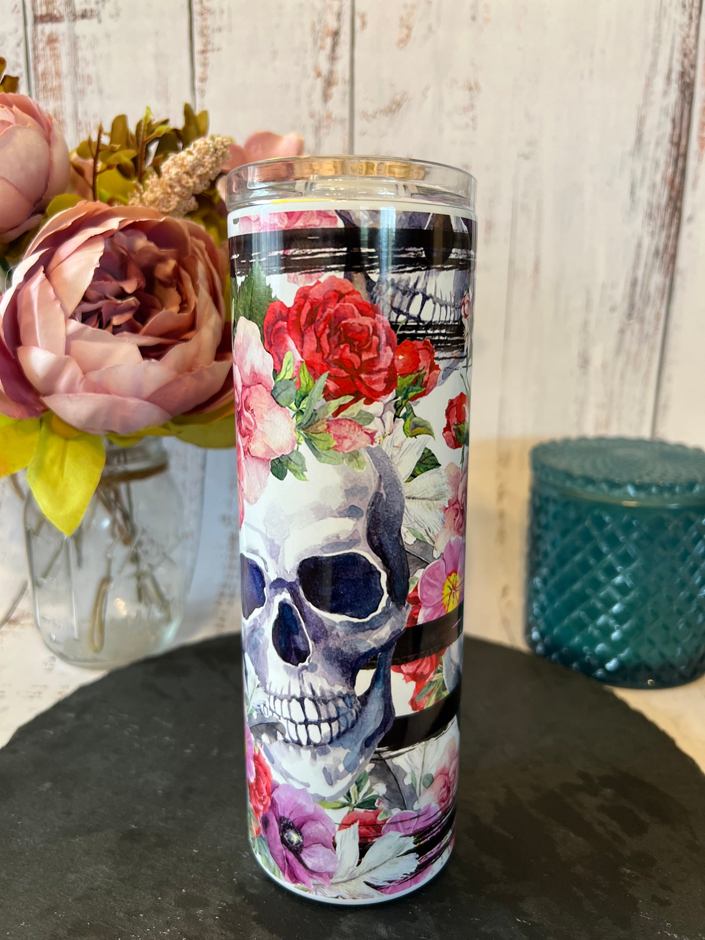 Skulls & Flowers 20 oz Insulated Tumbler with Slider Lid and Straw