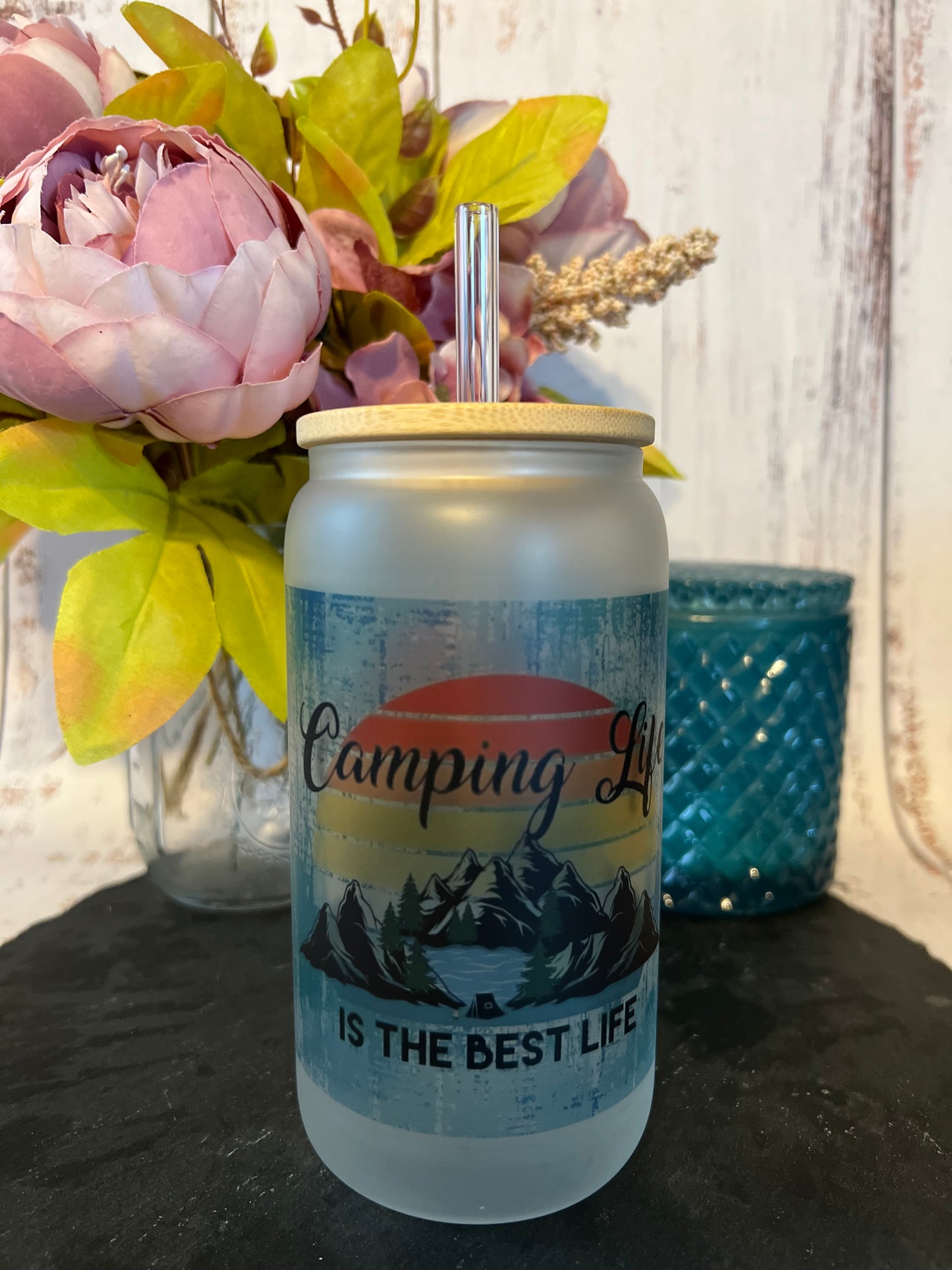 Camping Life 16 oz Frosted Glass Can with Bamboo Lid and Straw