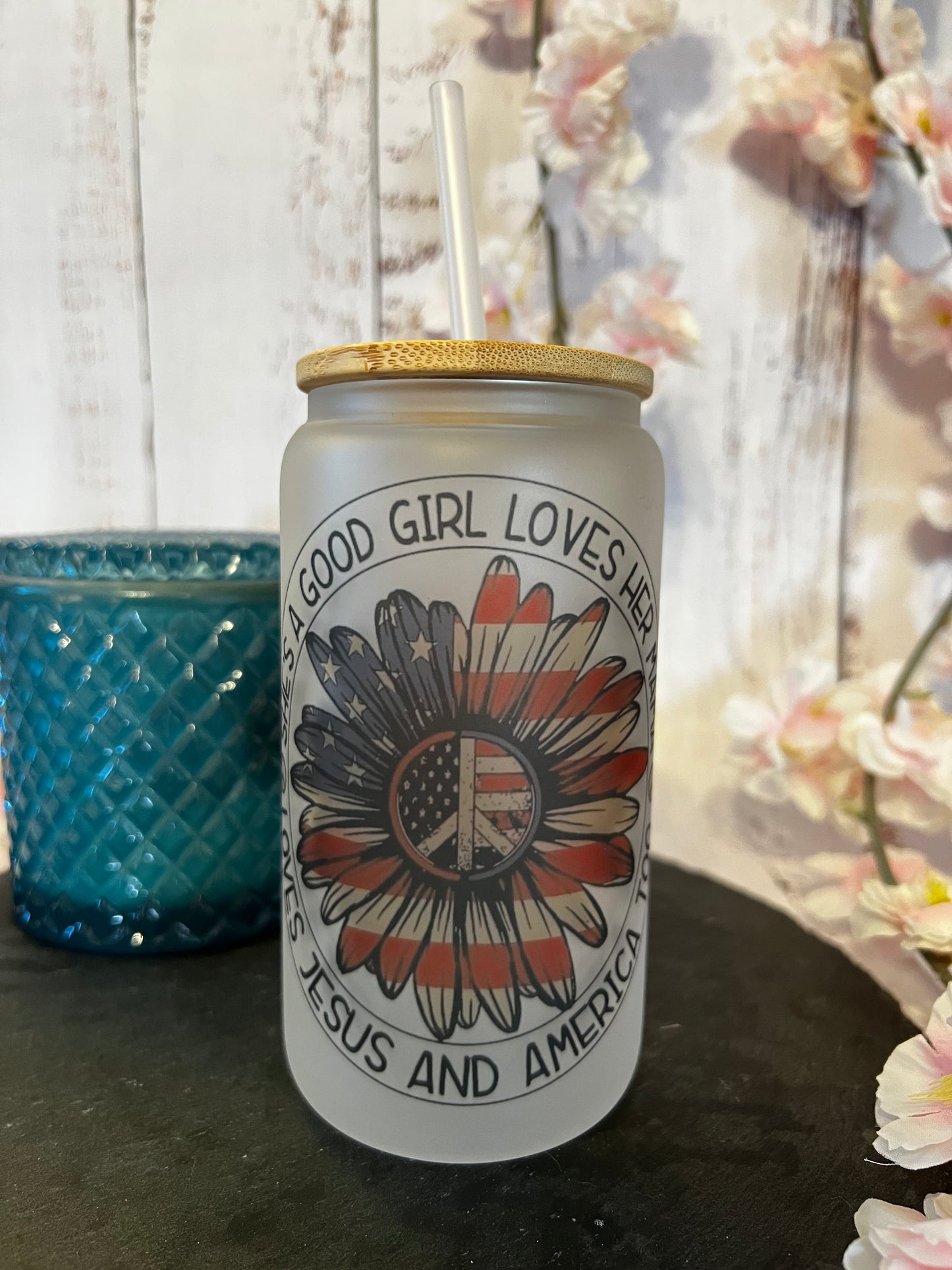 On Sale! American Girl Patriotic 16 oz Frosted Glass Can with Bamboo Lid and Straw (Memorial Day/4th of July)