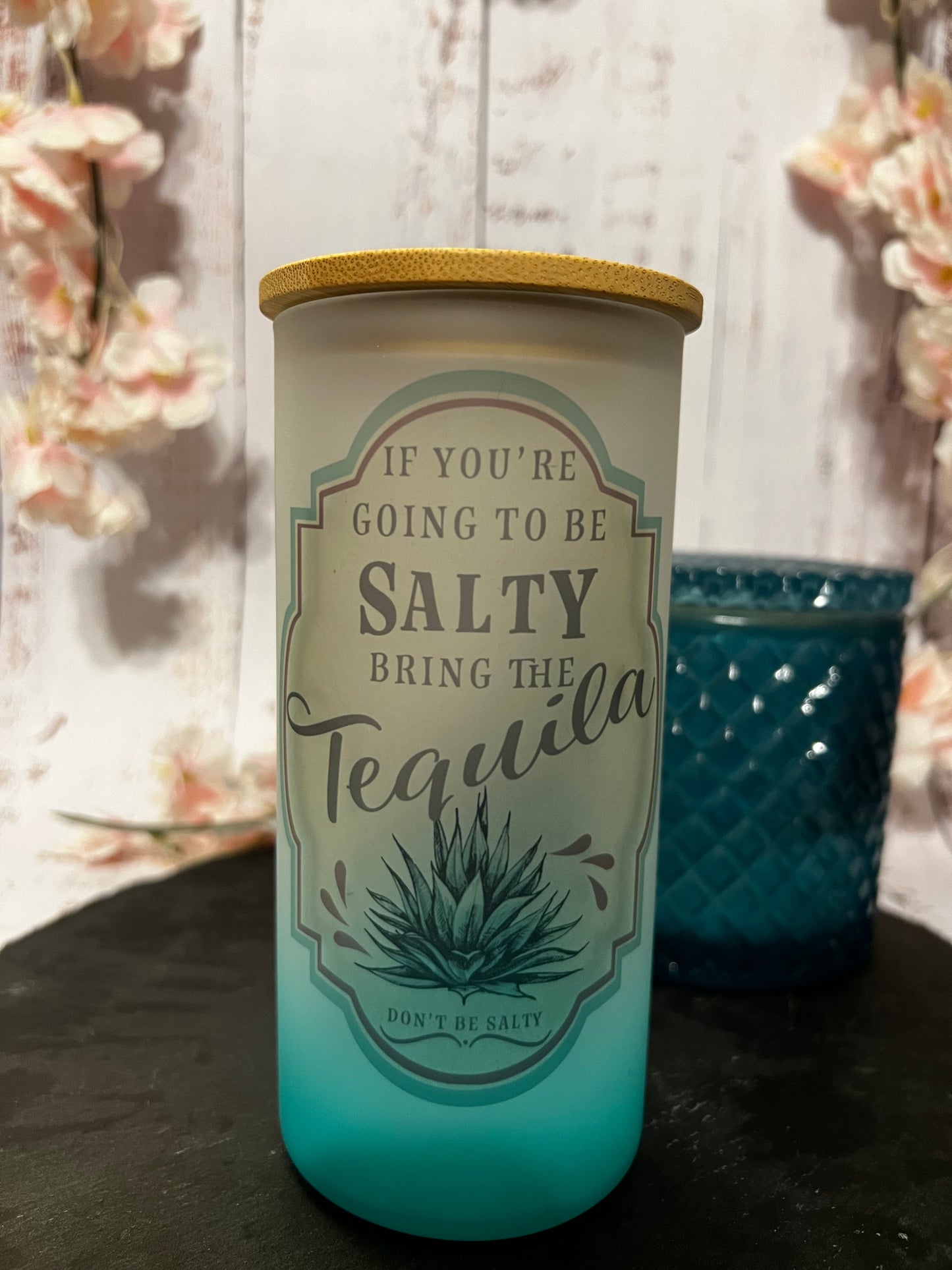 If you're going to be salty... 18 oz Teal Ombré Frosted Glass Can with Bamboo Lid and Straw