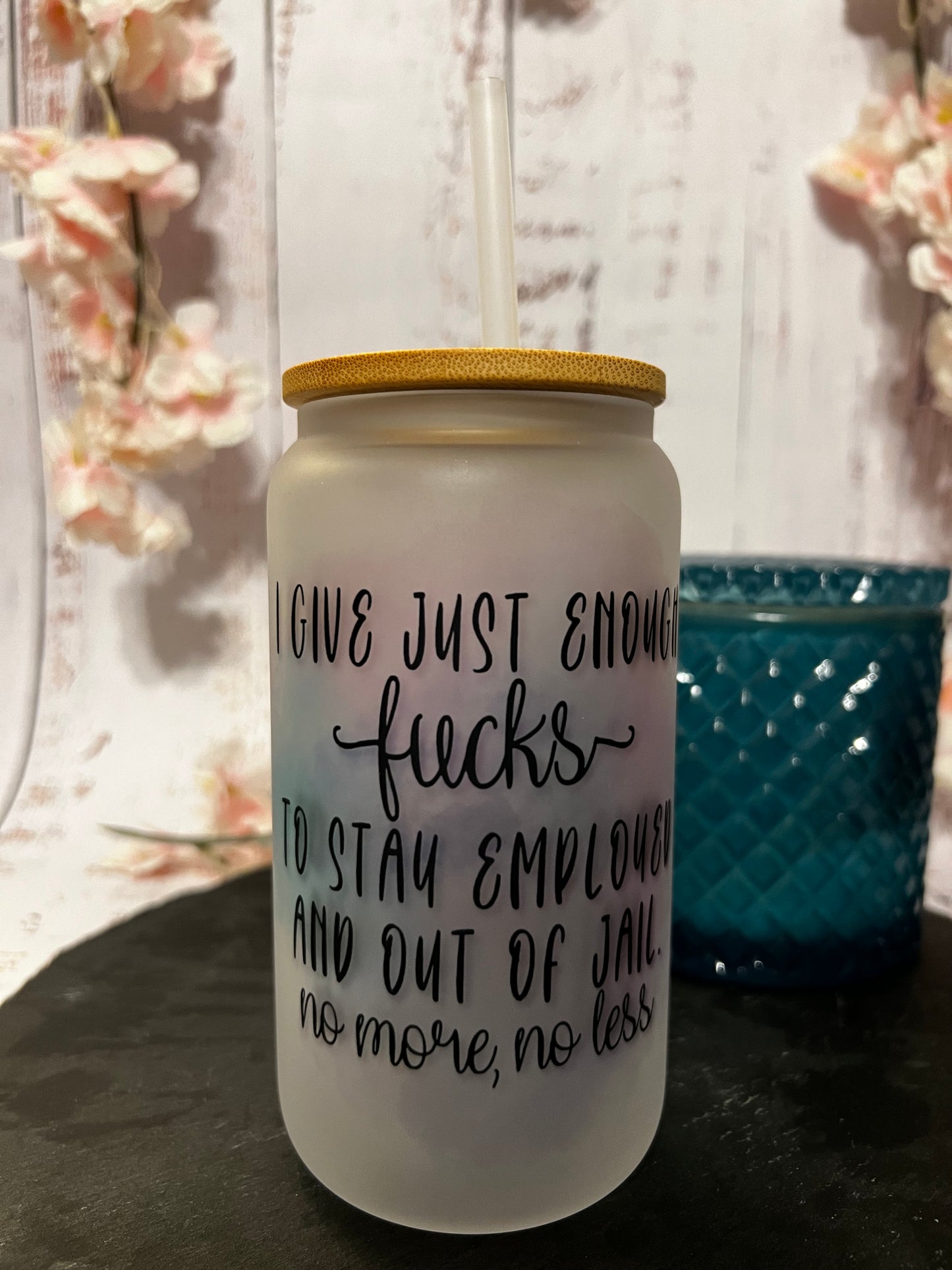 Just Enough F•cks 16 oz Frosted Glass Can with Bamboo Lid and Straw