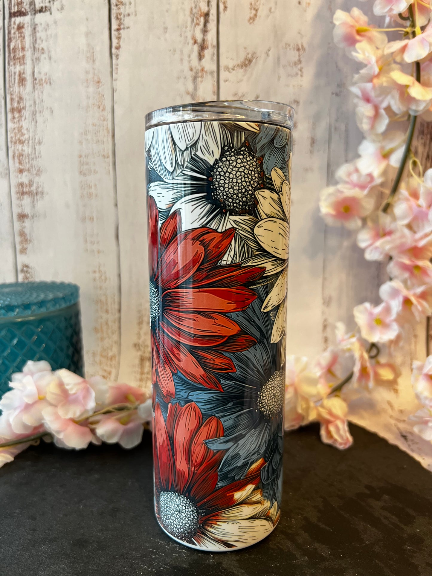 Red, White, and Blue Floral 20 oz Insulated Tumbler with Slider Lid and Straw