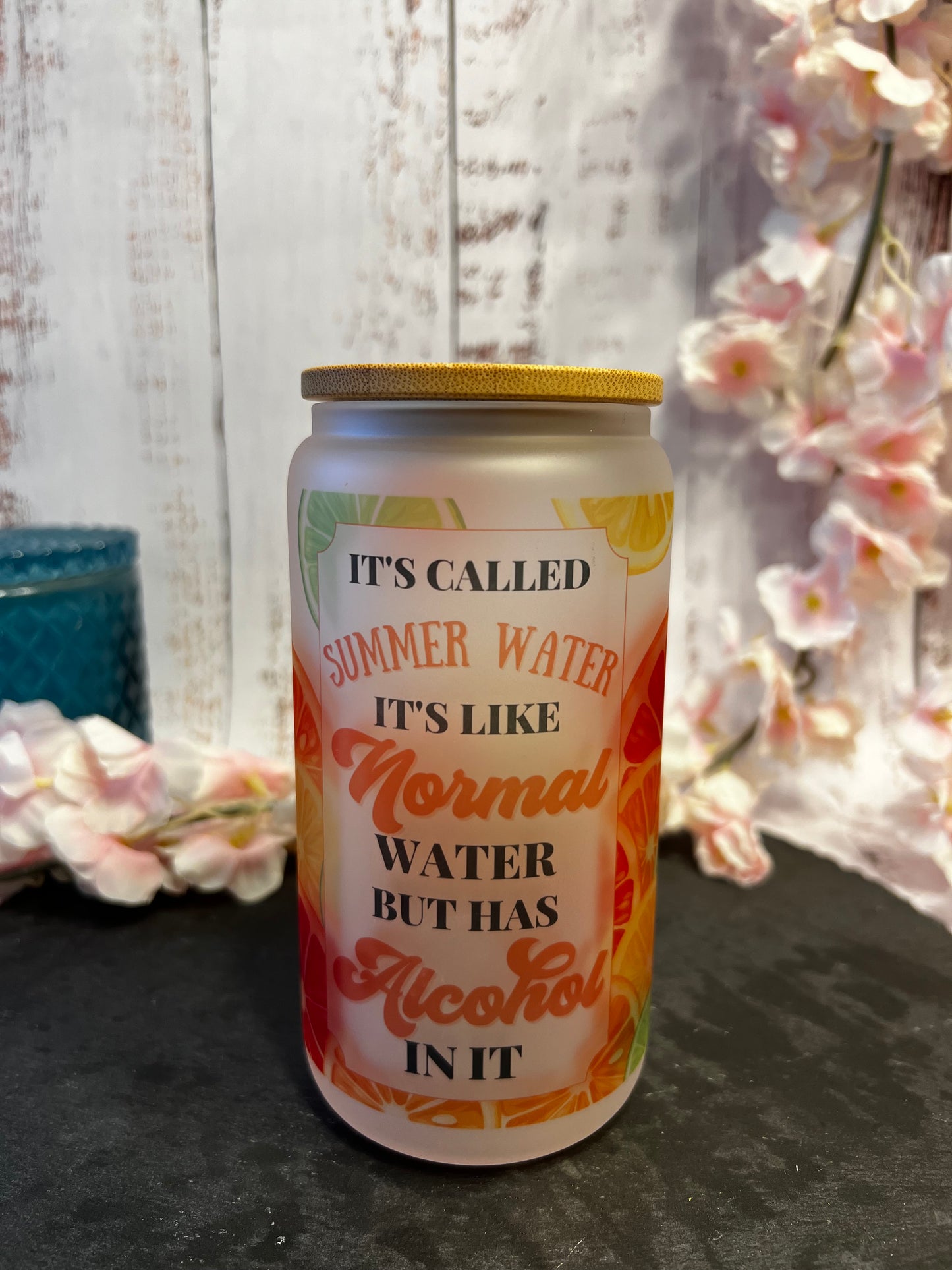 Summer Water 16 oz Frosted Glass Can with Bamboo Lid and Straw (orange)