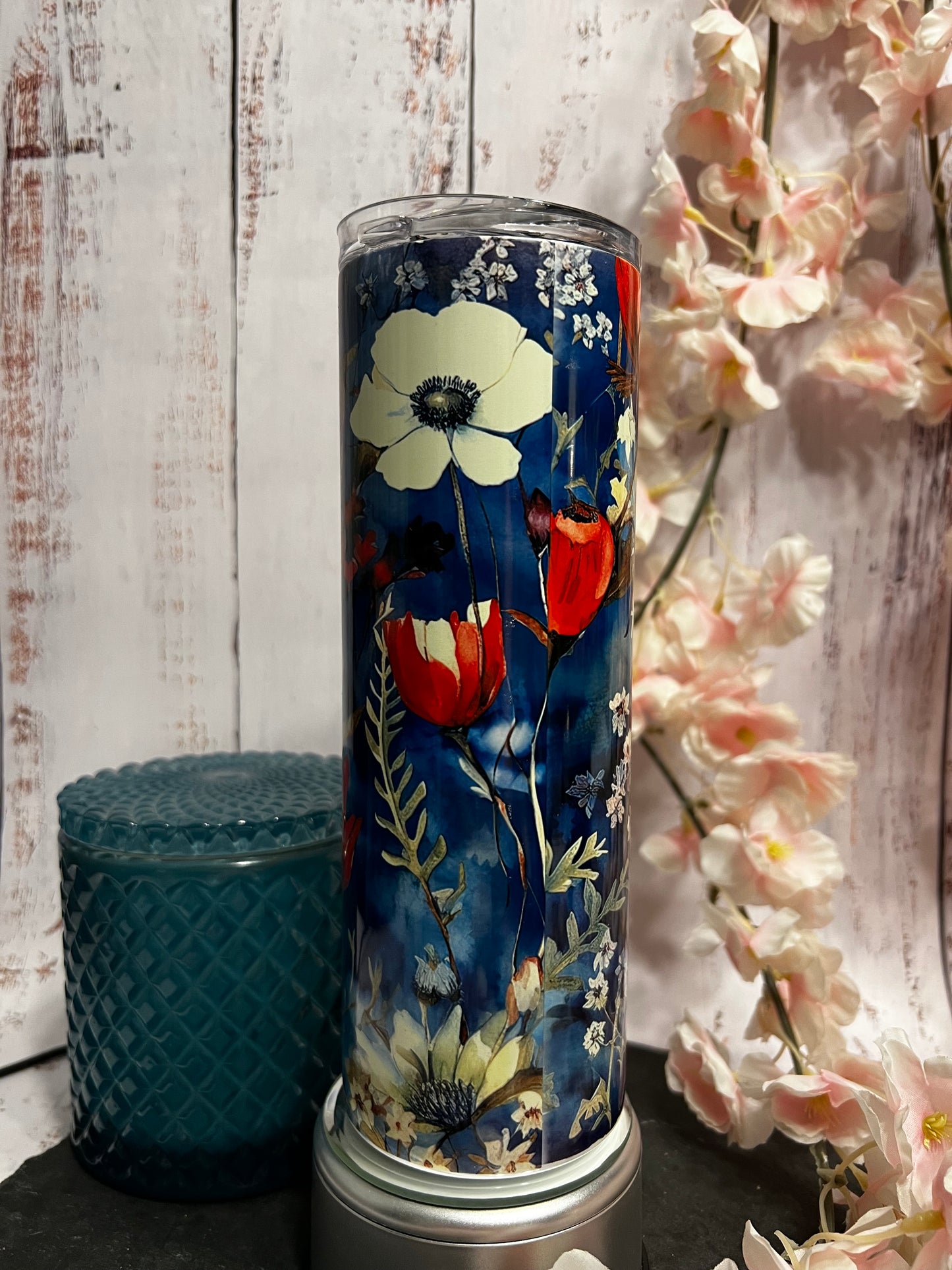 Navy Floral 20 oz Stainless Steel Insulated Tumbler with Slider Lid and Straw