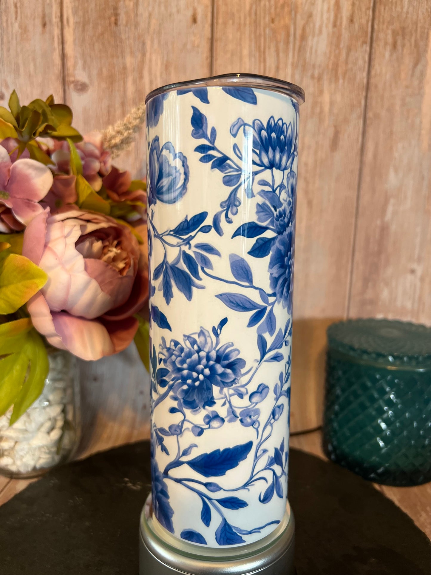Blue Floral Chinoiserie 20 oz Stainless Steel Insulated Tumbler with Slider Lid and Straw