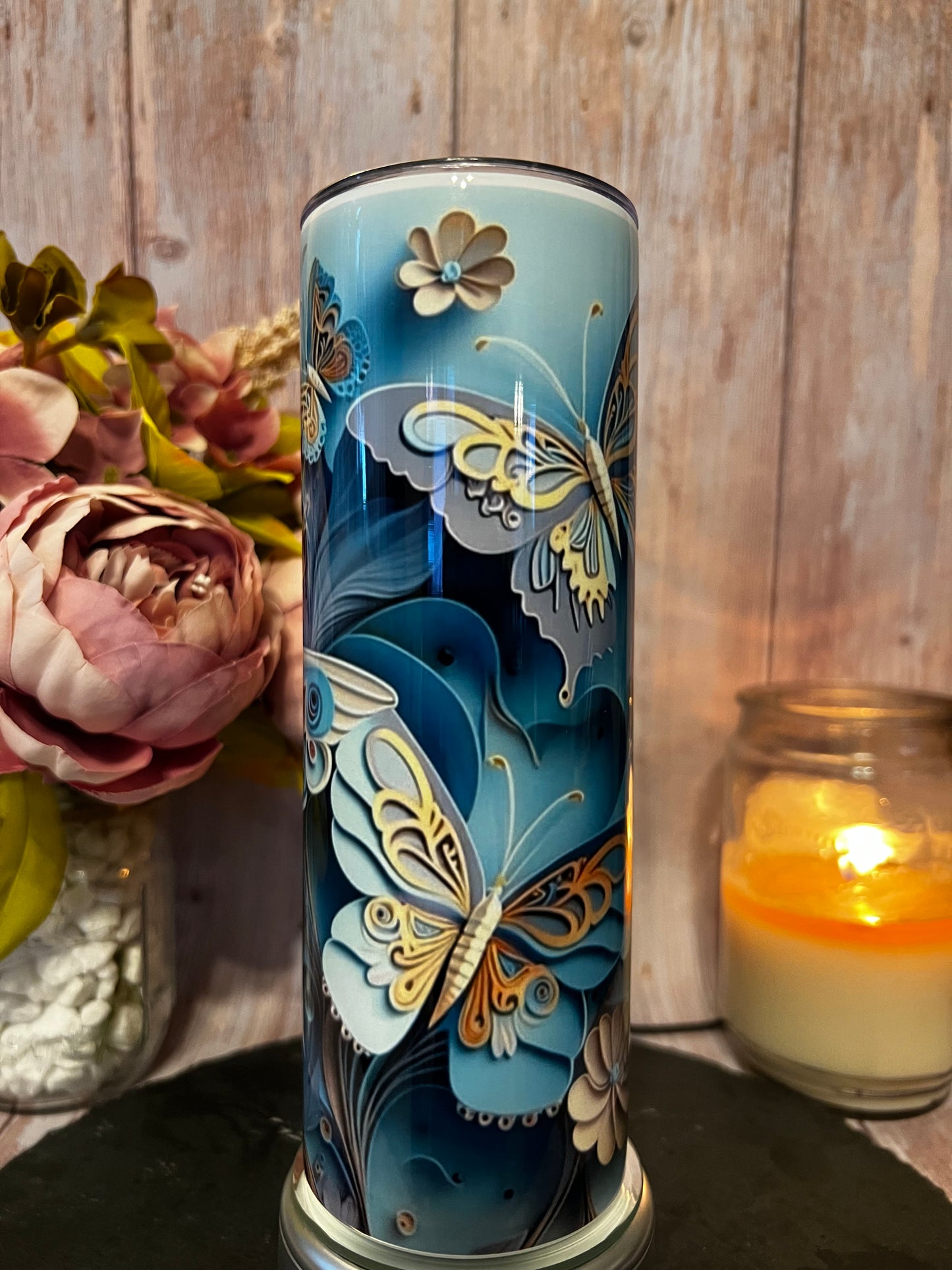 3D Butterflies 20 oz Stainless Steel Insulated Tumbler with Slider Lid and Straw