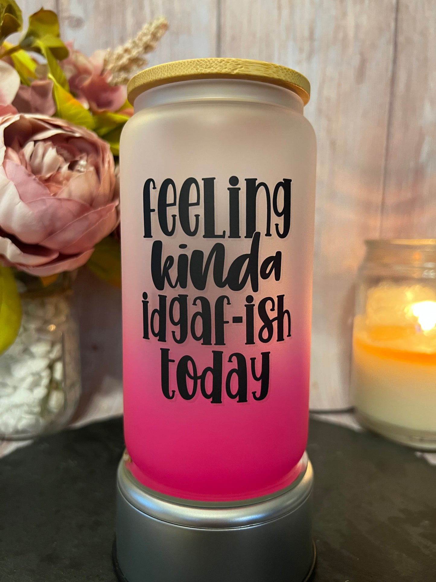 Feeling IDGAF-ish 16 oz Ombré Frosted Glass Can with Bamboo Lid and Straw