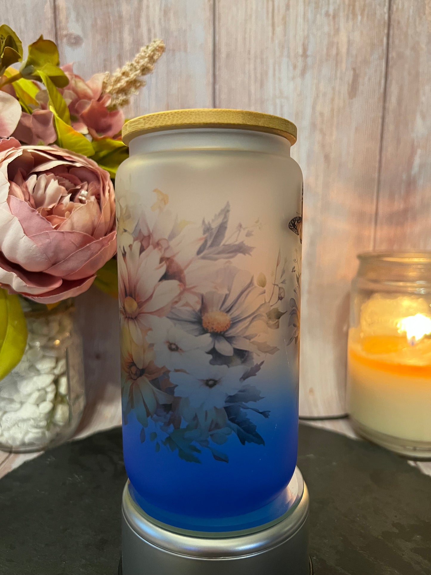 Blue Ombré Floral 16 oz Frosted Glass Can with Bamboo Lid and Straw