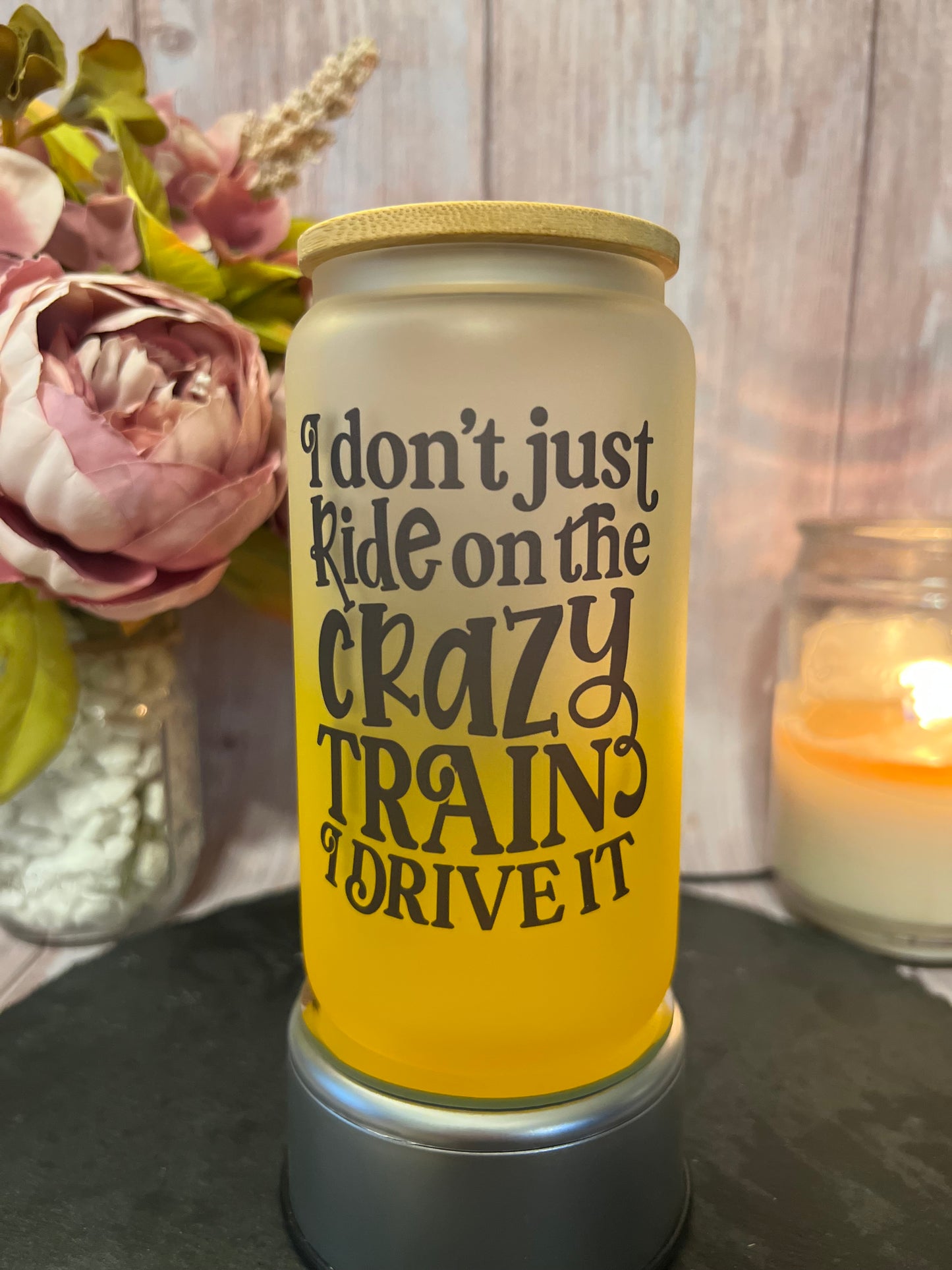 Crazy Train 16 oz Frosted Ombré Glass Can with Bamboo Lid and Straw