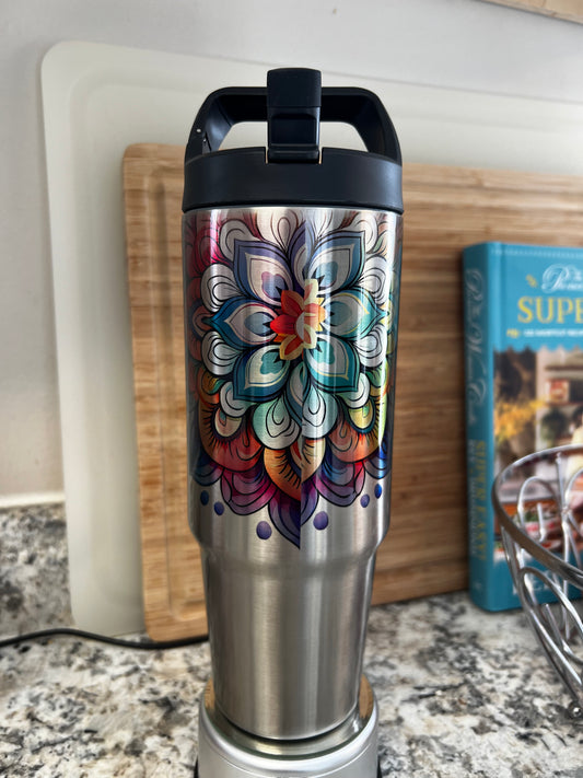 30 oz Stainless Steel Tumbler with Hydro Lid Bright Mandala Pattern
