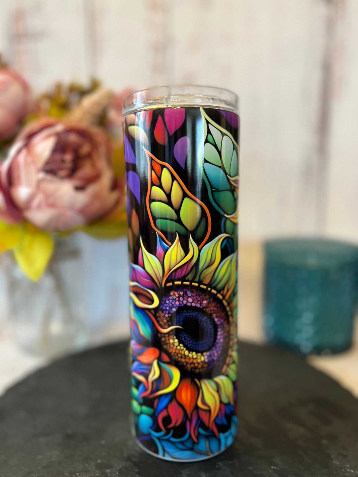 Dark Sunflowers 20 oz Insulated Tumbler with Slider Lid and Straw