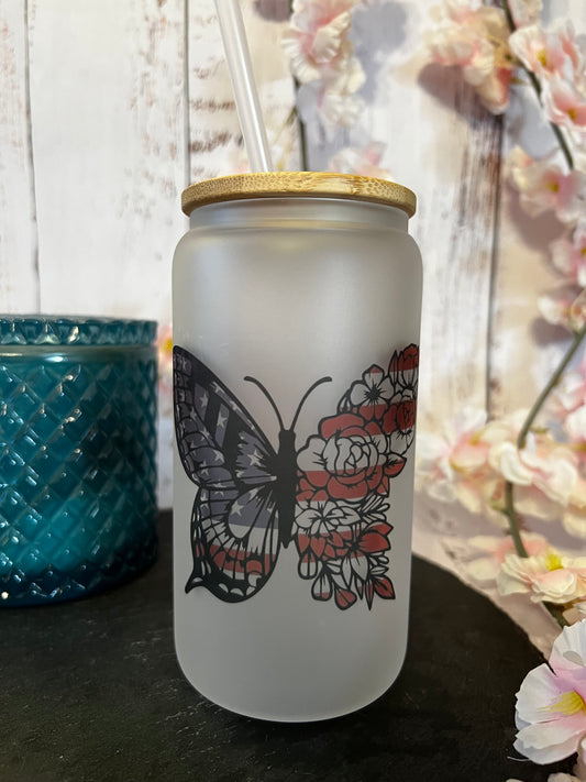 On Sale! American Flag Butterfly 16 oz Frosted Glass Can with Bamboo Lid and Straw (Memorial Day/4th of July)