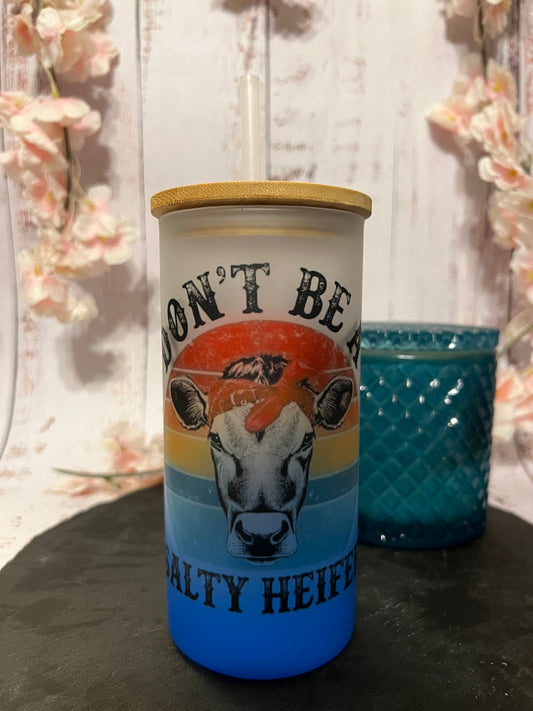 Salty Heifer 18 oz Blue Ombré Frosted Glass Can with Bamboo Lid and Straw