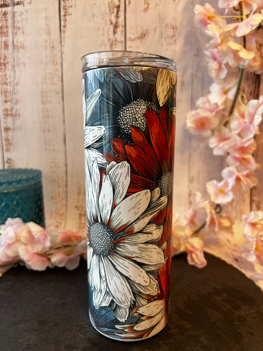 Red, White, and Blue Floral 20 oz Insulated Tumbler with Slider Lid and Straw