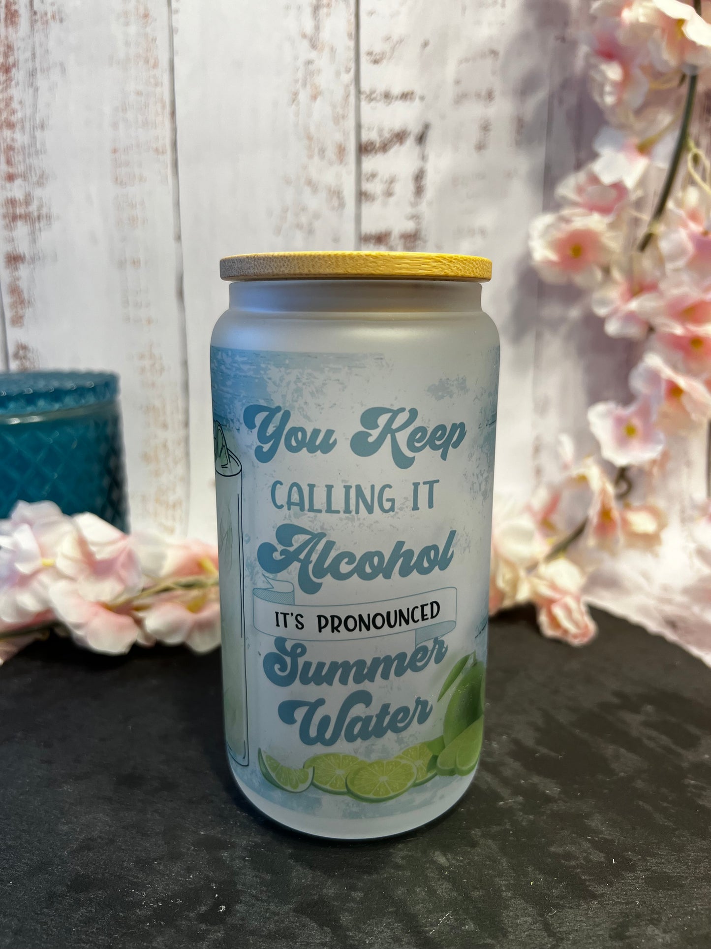 Summer Water 16 oz Frosted Glass Can with Bamboo Lid and Straw