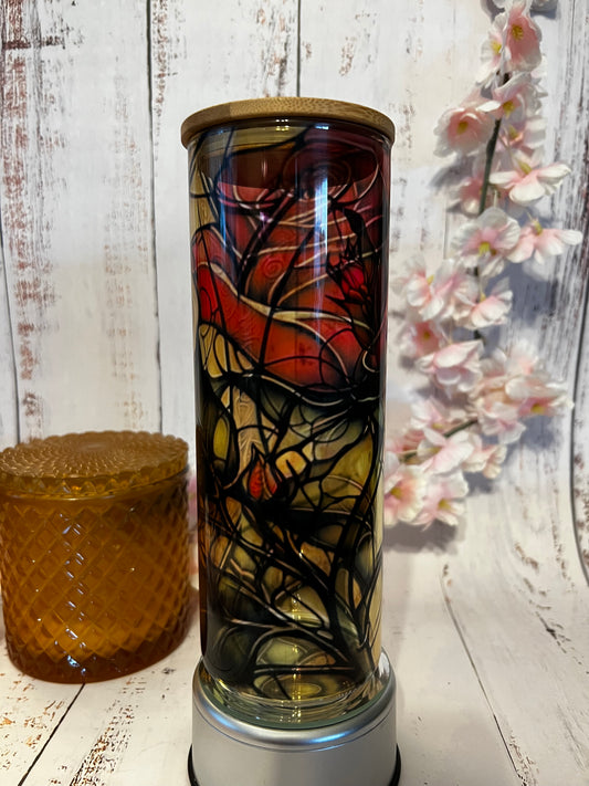 Stained Glass Rose 25 oz Clear Glass Can with Bamboo Lid and Straw