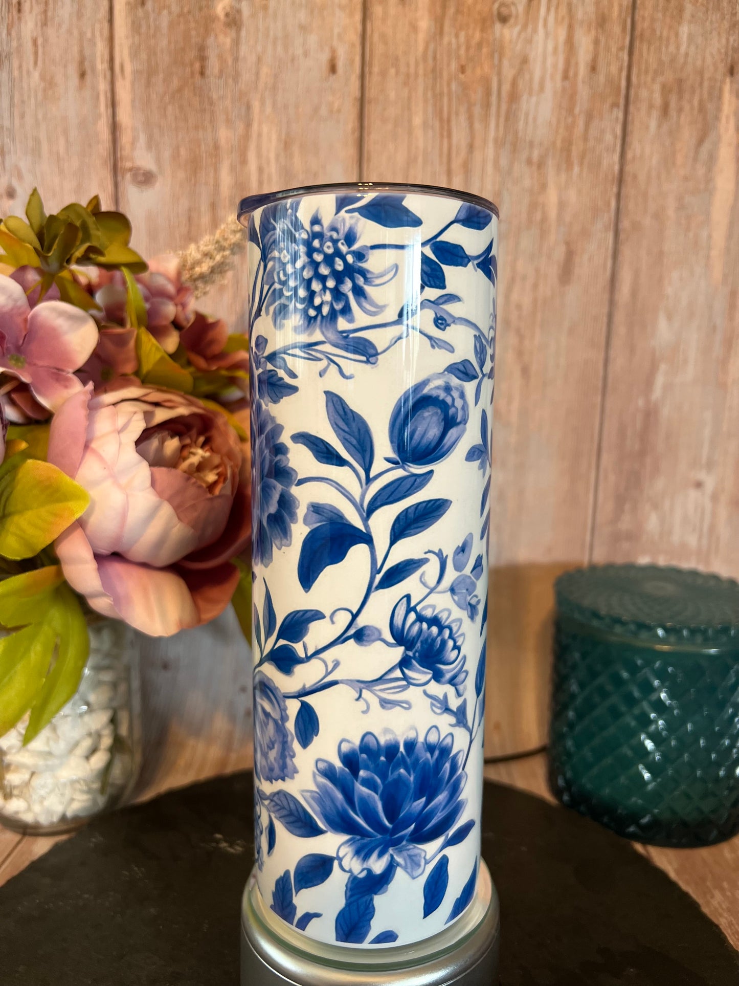 Blue Floral Chinoiserie 20 oz Stainless Steel Insulated Tumbler with Slider Lid and Straw