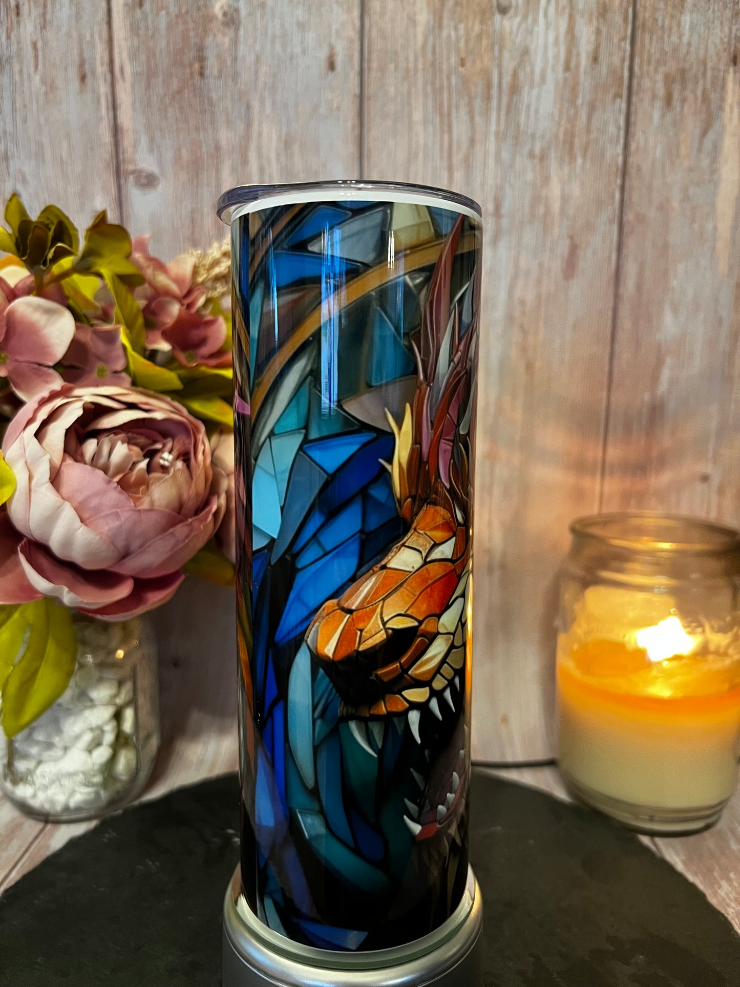 Stained Glass Dragon 20 oz Stainless Steel Insulated Tumbler with Slider Lid and Straw