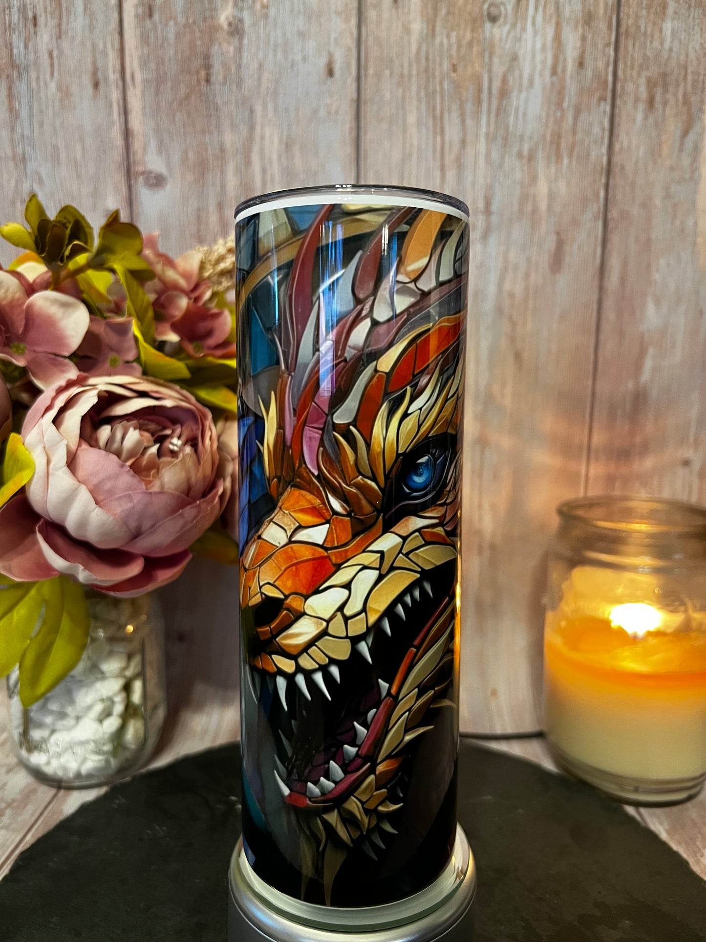 Stained Glass Dragon 20 oz Stainless Steel Insulated Tumbler with Slider Lid and Straw