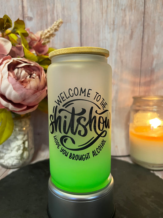 Welcome... 16 oz Frosted Ombré Glass Can with Bamboo Lid and Straw