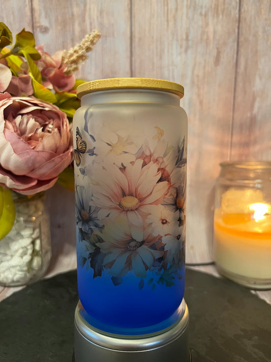 Blue Ombré Floral 16 oz Frosted Glass Can with Bamboo Lid and Straw