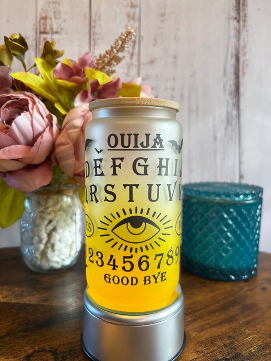Ouija Board Yellow Ombré 16 oz Frosted Glass Can with Bamboo Lid and Straw