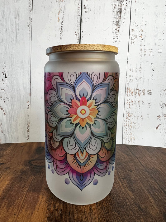 Bright Mandala 16 oz Frosted Glass Can with Bamboo Lid and Straw