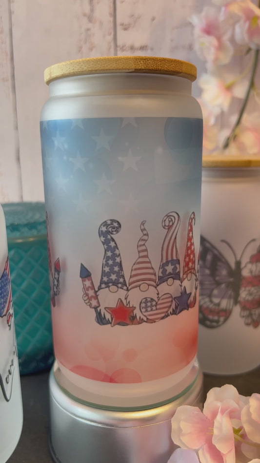 On Sale! Patriotic Gnomes 16 oz Frosted Glass Can with Bamboo Lid and Straw